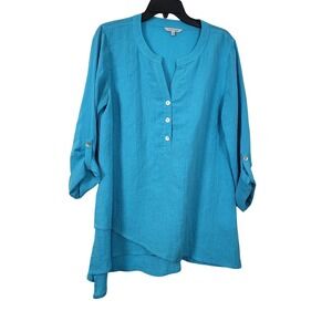 John Mark Womens Turquoise Roll Tab Sleeve Round Neck Lagenlook Tunic Top Medium